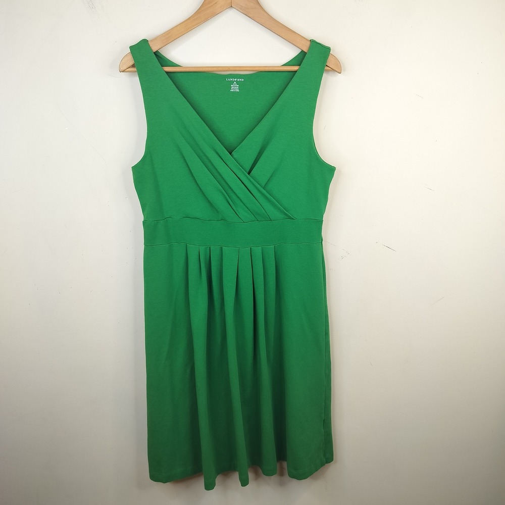Lands End Pleated Dress Medium Green Faux Wrap Surplice Cotton Knit